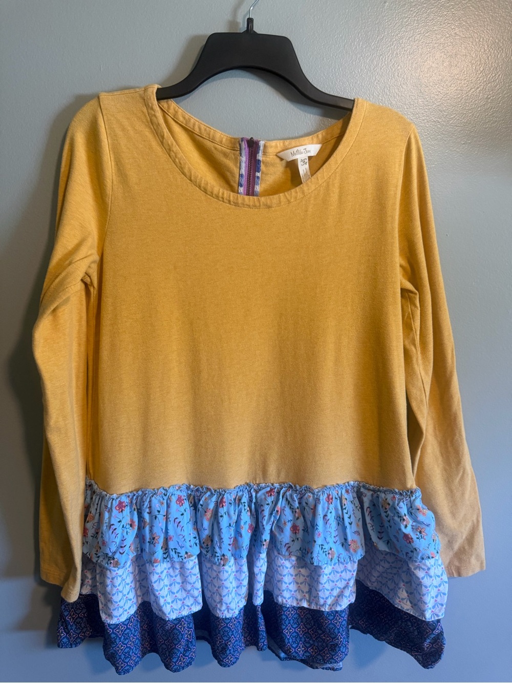 Mustard Yellow Ruffle Hem Long Sleeve Tunic Top size medium